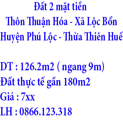 Đất 2 mặt tiền Thôn Thuận Hóa, Xã Lộc Bổn, Huyện Phú Lộc, Thừa Thiên Huế 7xx