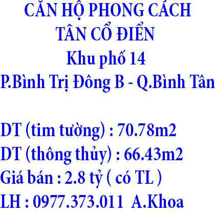 CĂN HỘ PHONG CÁCH TÂN CỔ ĐIỂN khu phố 14, P. Bình Trị Đông B, Q. Bình Tân, TP. HCM