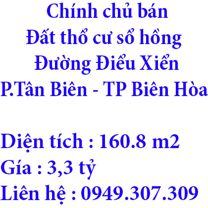 Chính chủ bán đất thổ cư  sổ hồng TP Biên Hòa, Đồng Nai