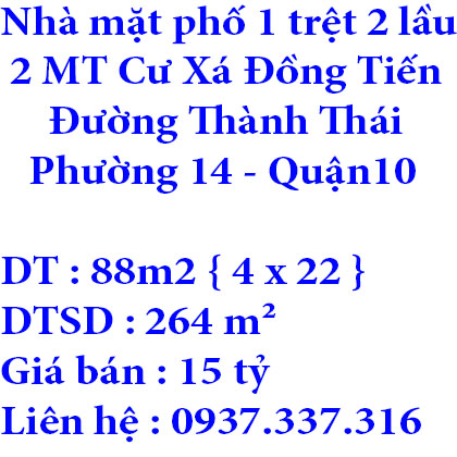 Cần bán nhà Cư Xá Đồng Tiến, Đường Thành Thái ,Phường 14, Quận10, TP HCM