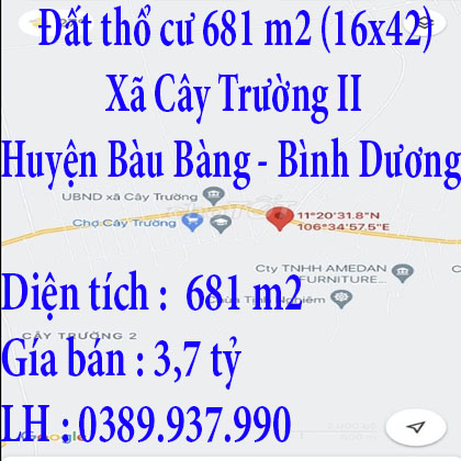 Đất thổ cư 681 m2 (16x42) Cây trường 2, Bàu Bàng