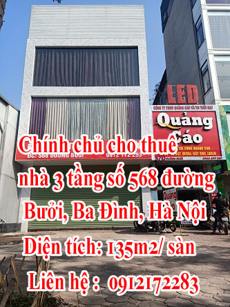 Chính chủ cho thuê nhà 3 tầng số 568 đường Bưởi, Ba Đình, Hà Nội